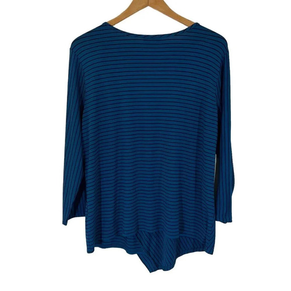 Jaclyn Smith Pointed Asymmetrical Hem Tunic XL Stretch Knit Teal Navy Stripes - Picture 4 of 4